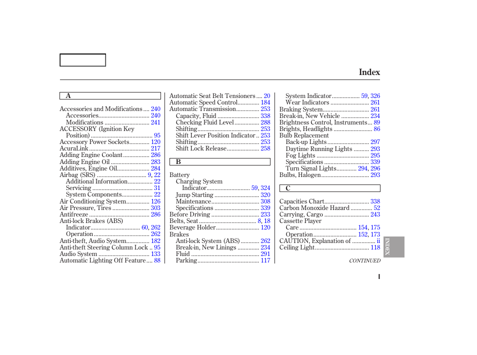 Index | Acura 2007 TL - Owner's Manual User Manual | Page 360 / 369