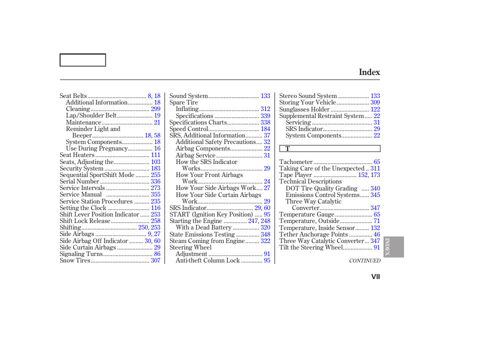 Index | Acura 2007 TL - Owner's Manual User Manual | Page 366 / 369