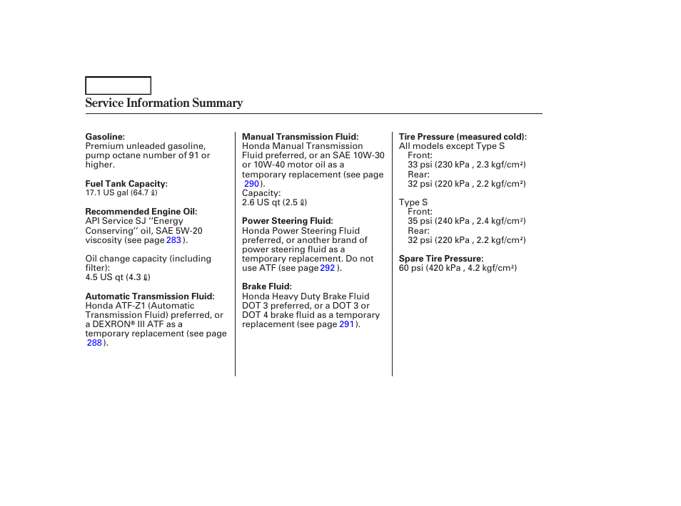 Service information summary | Acura 2007 TL - Owner's Manual User Manual | Page 369 / 369