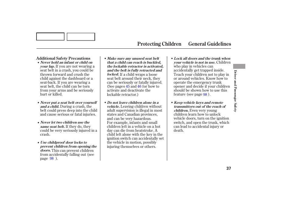 Protecting children general guidelines | Acura 2007 TL - Owner's Manual User Manual | Page 40 / 369