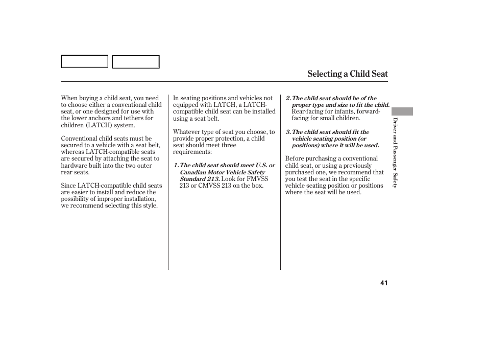 Selecting a child seat | Acura 2007 TL - Owner's Manual User Manual | Page 44 / 369