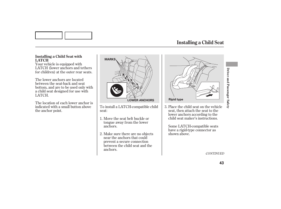 Installing a child seat | Acura 2007 TL - Owner's Manual User Manual | Page 46 / 369