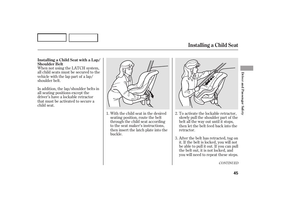 Installing a child seat | Acura 2007 TL - Owner's Manual User Manual | Page 48 / 369