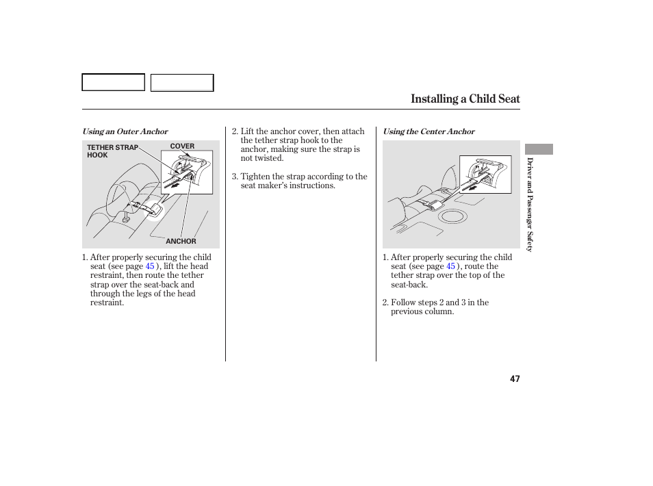 Installing a child seat | Acura 2007 TL - Owner's Manual User Manual | Page 50 / 369