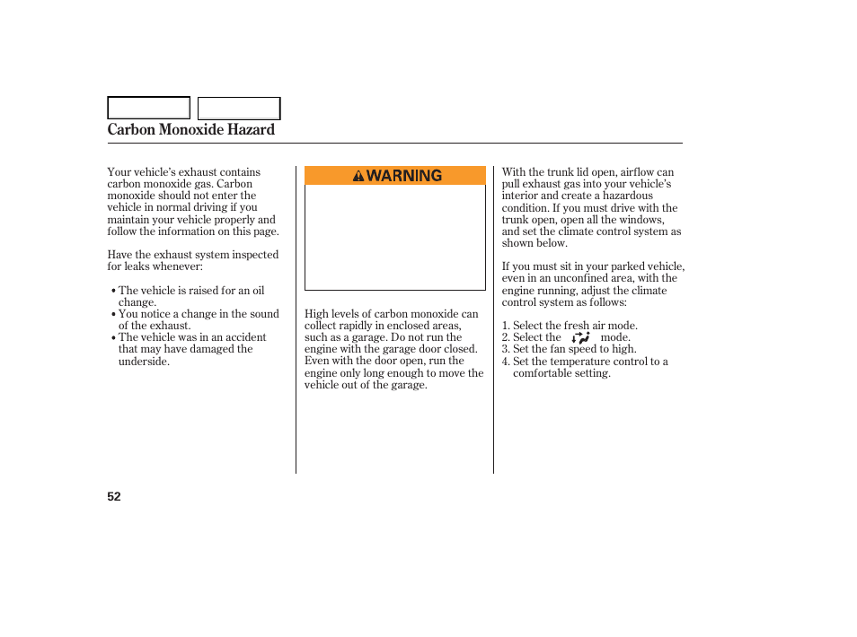 Carbon monoxide hazard | Acura 2007 TL - Owner's Manual User Manual | Page 55 / 369