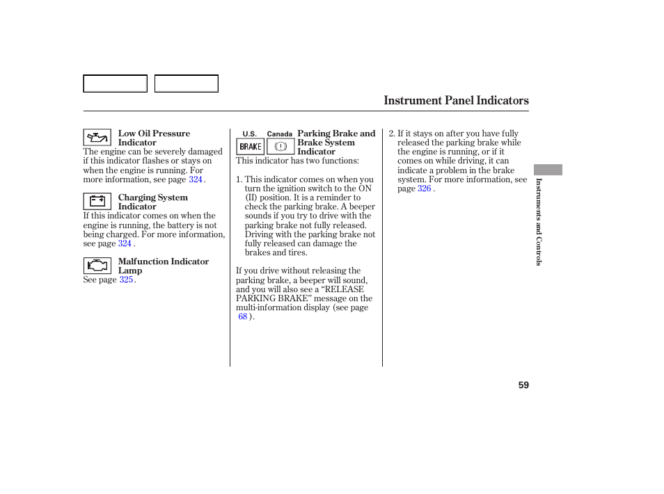 Instrument panel indicators | Acura 2007 TL - Owner's Manual User Manual | Page 62 / 369