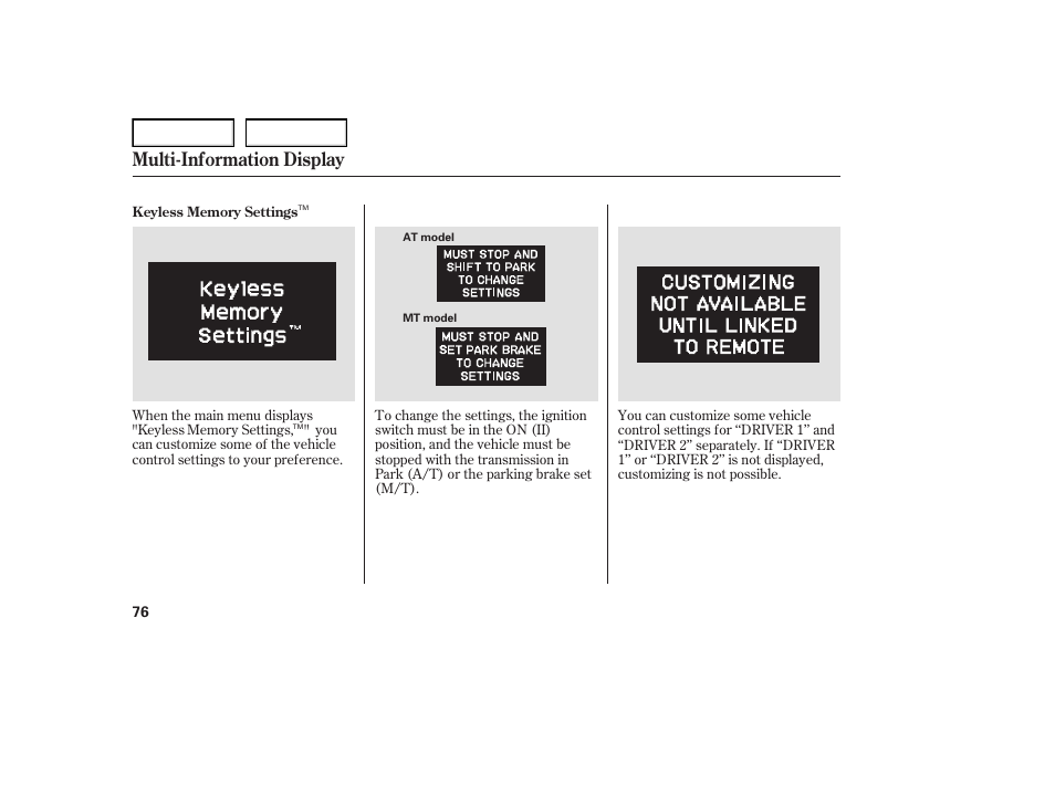 Multi-information display | Acura 2007 TL - Owner's Manual User Manual | Page 79 / 369