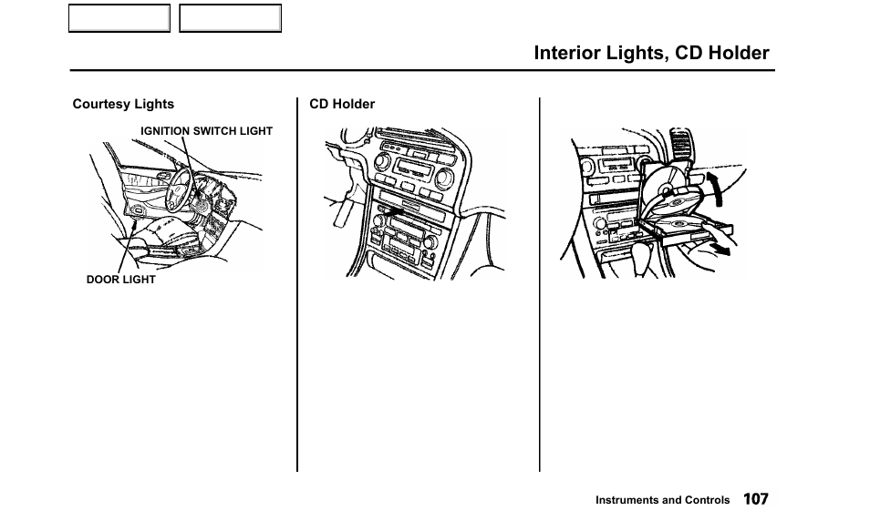Interior lights, cd holder | Acura 2000 TL - Owner's Manual User Manual | Page 110 / 311