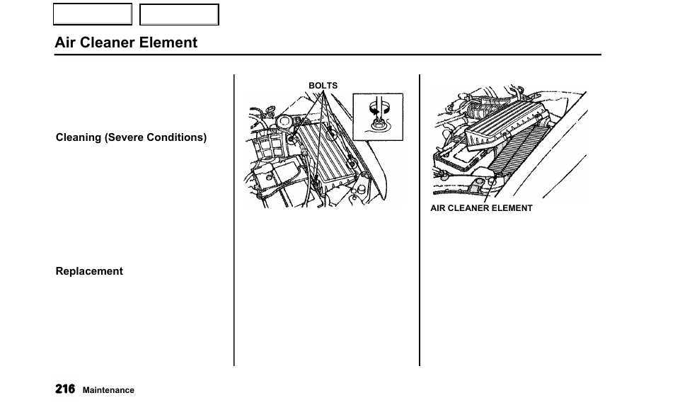 Air cleaner element | Acura 2000 TL - Owner's Manual User Manual | Page 219 / 311