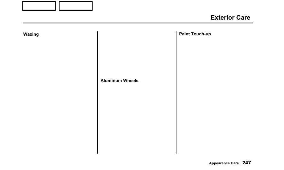 Exterior care | Acura 2000 TL - Owner's Manual User Manual | Page 250 / 311