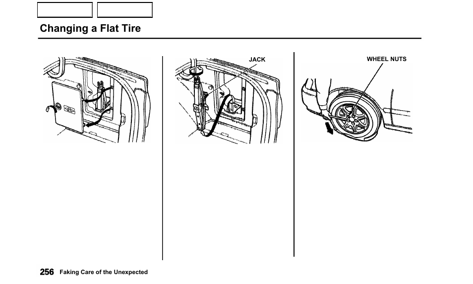 Changing a flat tire | Acura 2000 TL - Owner's Manual User Manual | Page 259 / 311