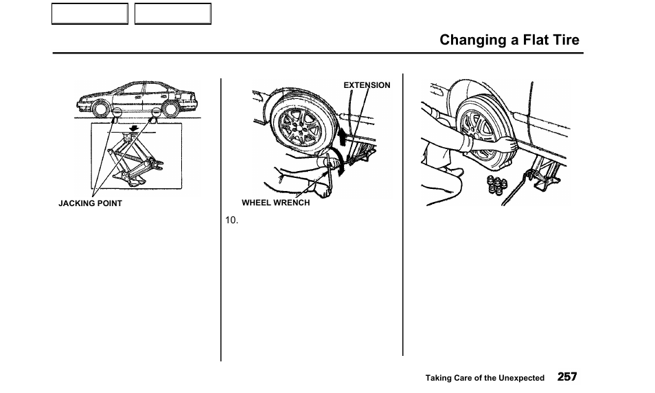 Changing a flat tire | Acura 2000 TL - Owner's Manual User Manual | Page 260 / 311