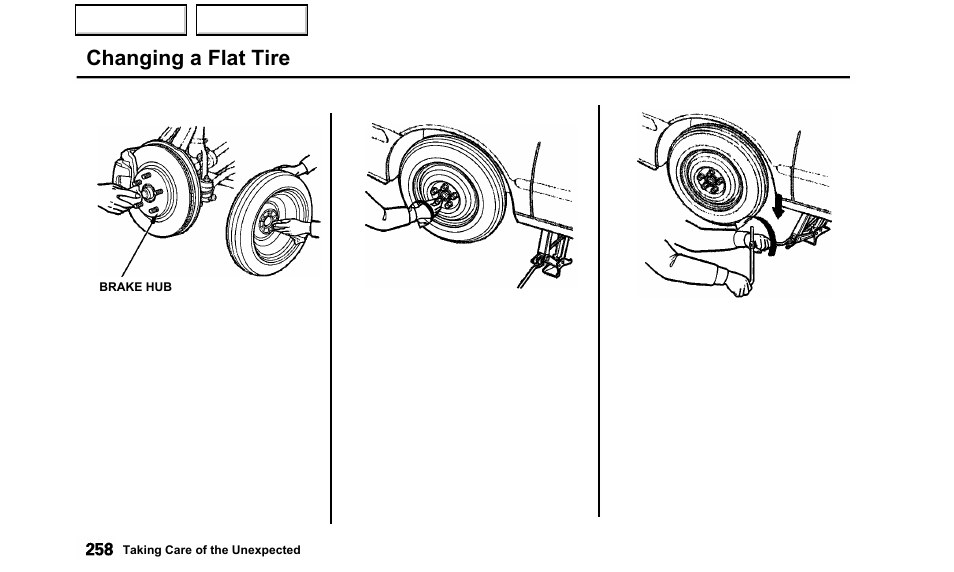 Changing a flat tire | Acura 2000 TL - Owner's Manual User Manual | Page 261 / 311