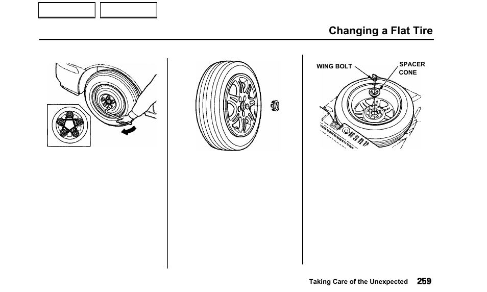 Changing a flat tire | Acura 2000 TL - Owner's Manual User Manual | Page 262 / 311