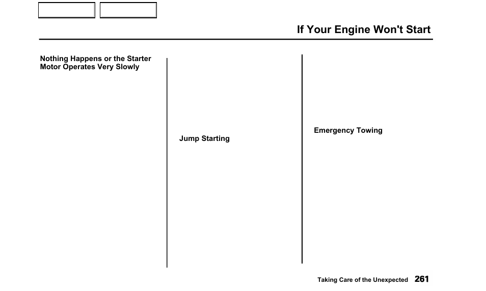 If your engine won't start | Acura 2000 TL - Owner's Manual User Manual | Page 264 / 311
