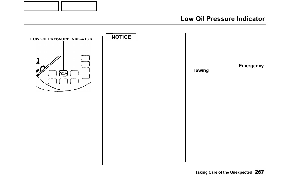 Low oil pressure indicator | Acura 2000 TL - Owner's Manual User Manual | Page 270 / 311