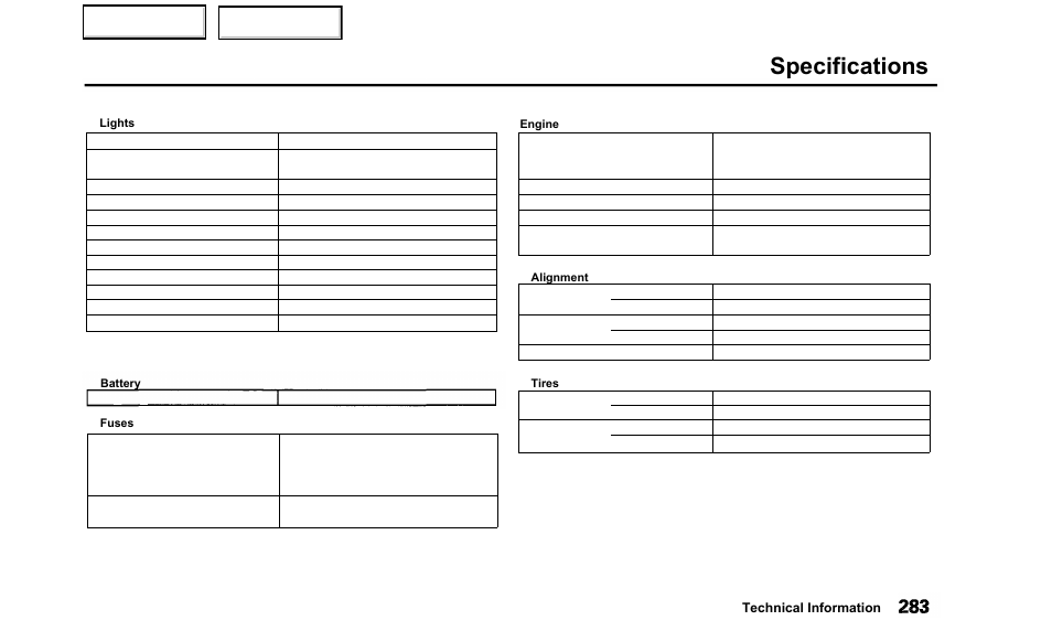 Specifications | Acura 2000 TL - Owner's Manual User Manual | Page 286 / 311