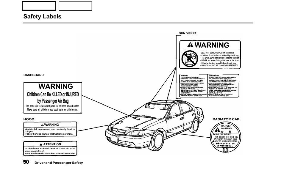 Warning, Safety labels | Acura 2000 TL - Owner's Manual User Manual | Page 53 / 311