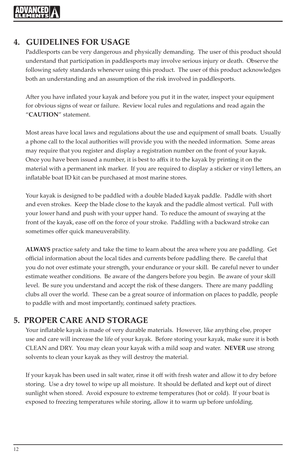 Guidelines for usage, Proper care and storage | Advanced Elements AE1033 User Manual | Page 12 / 20