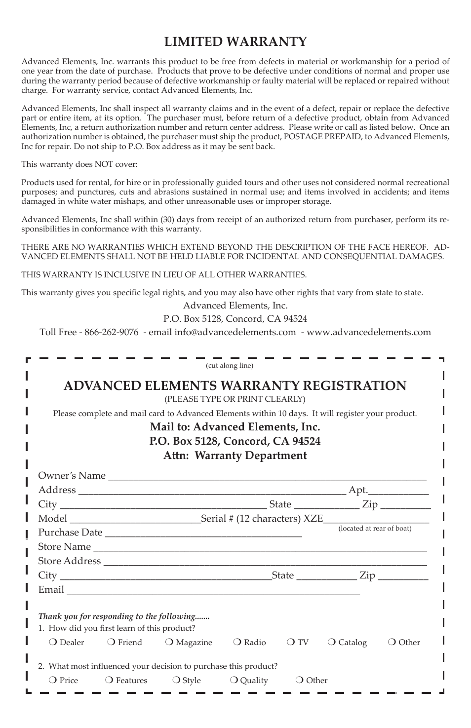 Limited warranty, Advanced elements warranty registration | Advanced Elements AE1033 User Manual | Page 19 / 20