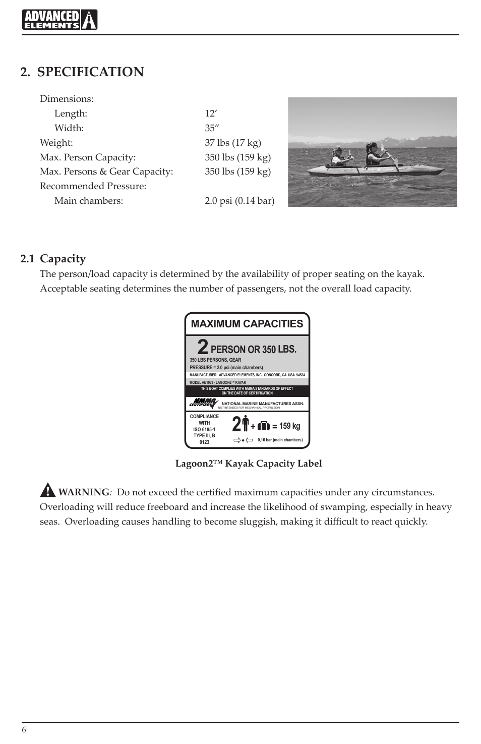Specification, 1 capacity, Maximum capacities | Person or 350 lbs | Advanced Elements AE1033 User Manual | Page 6 / 20