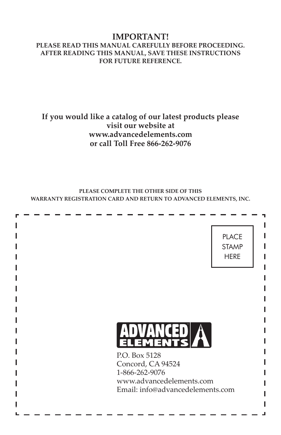 Important | Advanced Elements AE1014 User Manual | Page 20 / 20