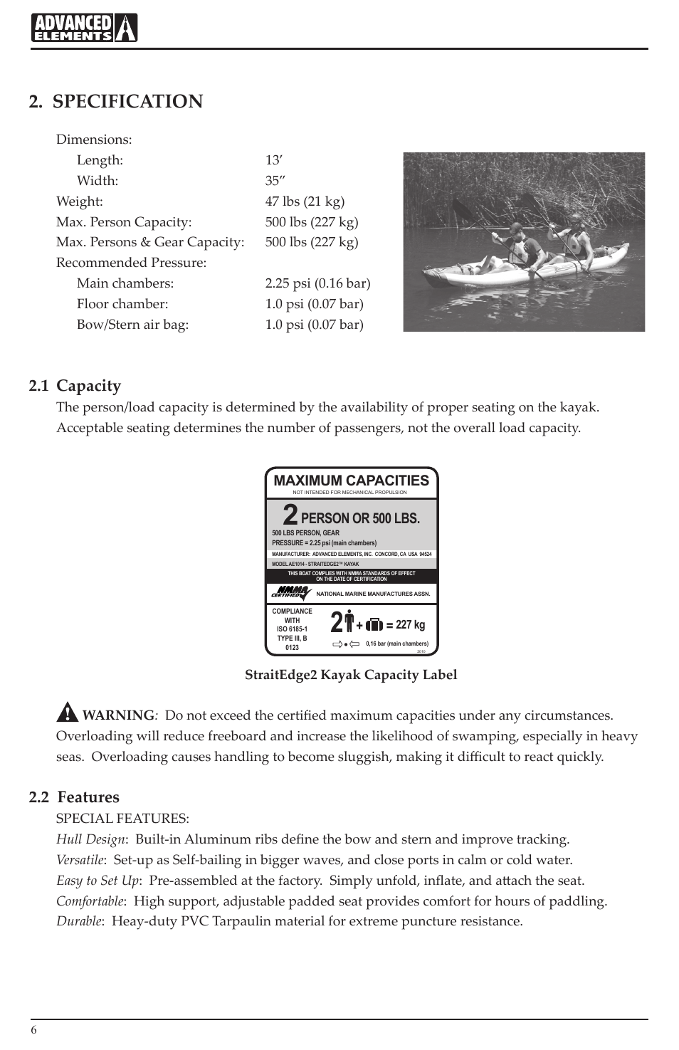 Specification, 1 capacity, 2 features | Maximum capacities, Person or 500 lbs | Advanced Elements AE1014 User Manual | Page 6 / 20