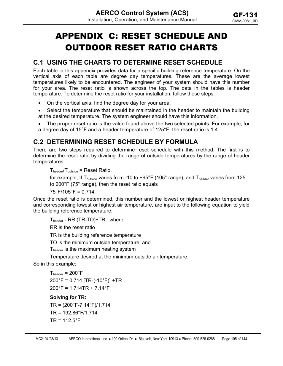 C.1 using the charts to determine reset schedule, C.2 determining reset schedule by formula, Appendix c | Reset schedule and outdoor reset ratio charts, Gf-131 aerco control system (acs) | AERCO Control System (ACS) User Manual | Page 105 / 144