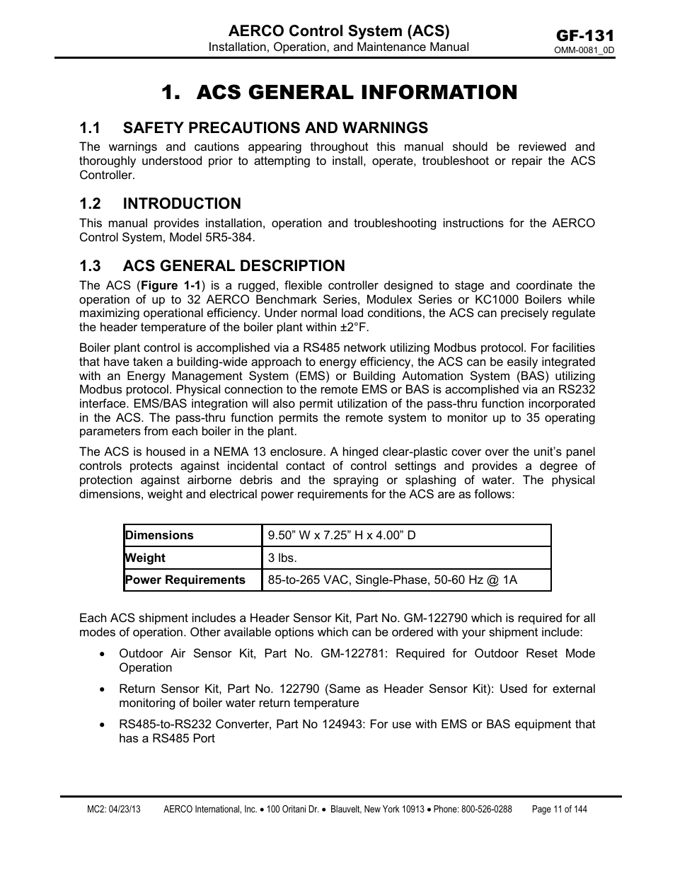 Acs general information, 1 safety precautions and warnings, 2 introduction | 3 acs general description, Gf-131 aerco control system (acs) | AERCO Control System (ACS) User Manual | Page 11 / 144