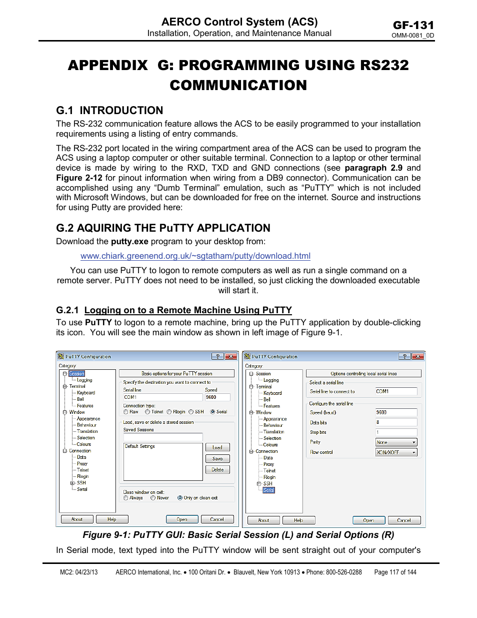 Appendix g: programming using rs232 communication, G.1 introduction, G.2 aquiring the putty application | G.2.1 logging on to a remote machine using putty | AERCO Control System (ACS) User Manual | Page 117 / 144