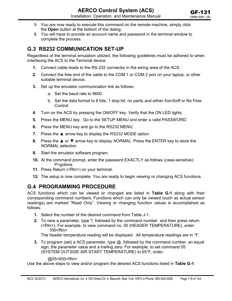 G.3 rs232 communication set-up, G.4 programming procedure, Gf-131 aerco control system (acs) | AERCO Control System (ACS) User Manual | Page 119 / 144