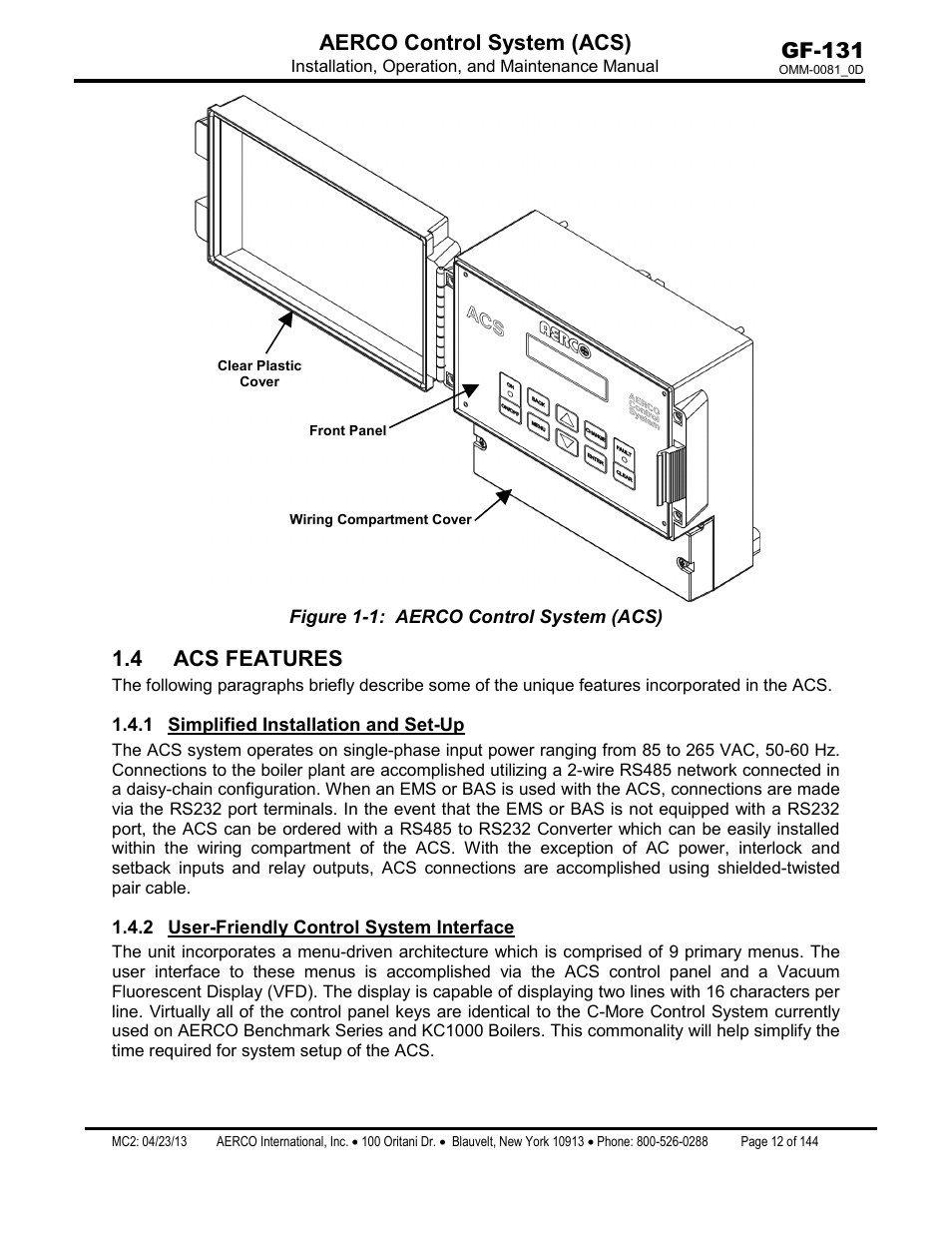 4 acs features, 1 simplified installation and set-up, 2 user-friendly control system interface | Simplified installation and set-up, User-friendly control system interface, Gf-131 aerco control system (acs) | AERCO Control System (ACS) User Manual | Page 12 / 144