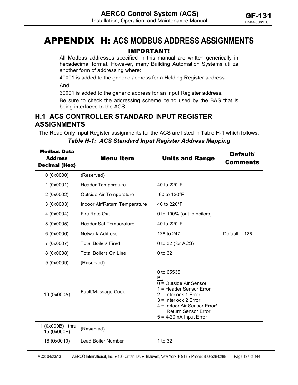 Appendix h: acs modbus address assignments, Gf-131 aerco control system (acs) | AERCO Control System (ACS) User Manual | Page 127 / 144