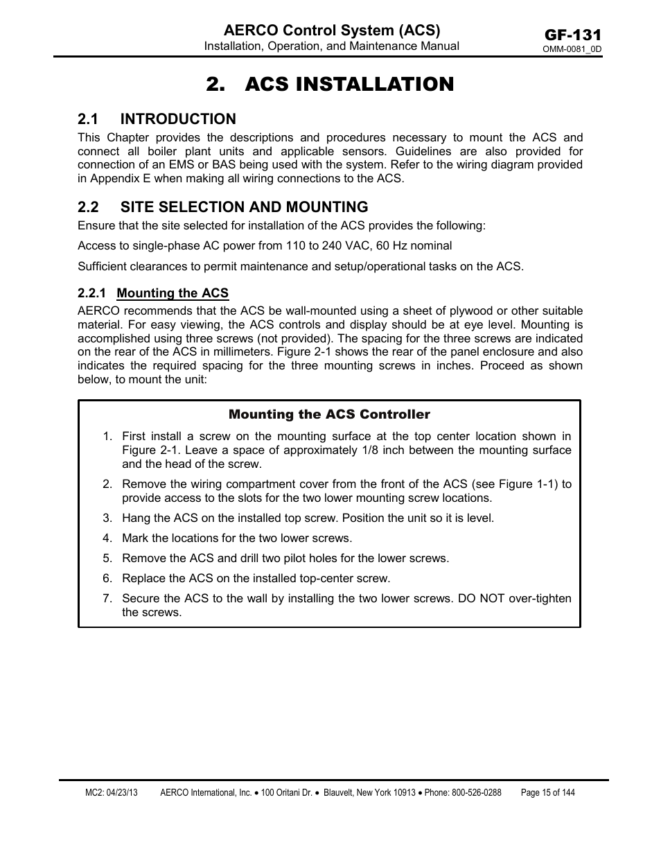 Acs installation, 1 introduction, 2 site selection and mounting | 1 mounting the acs, Mounting the acs | AERCO Control System (ACS) User Manual | Page 15 / 144