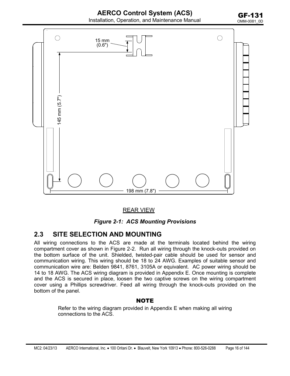 3 site selection and mounting, Gf-131 aerco control system (acs) | AERCO Control System (ACS) User Manual | Page 16 / 144