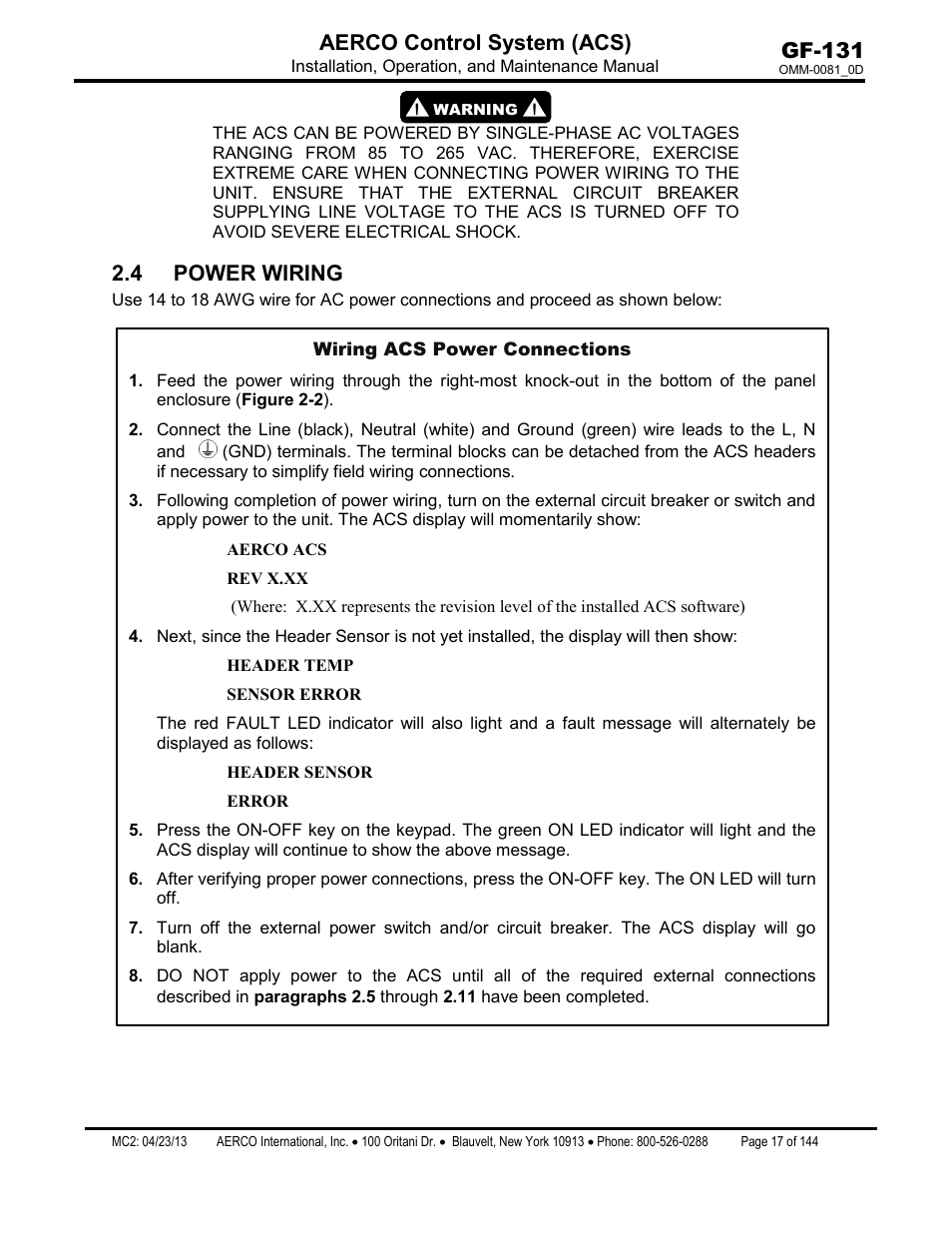 4 power wiring, Gf-131 aerco control system (acs) | AERCO Control System (ACS) User Manual | Page 17 / 144