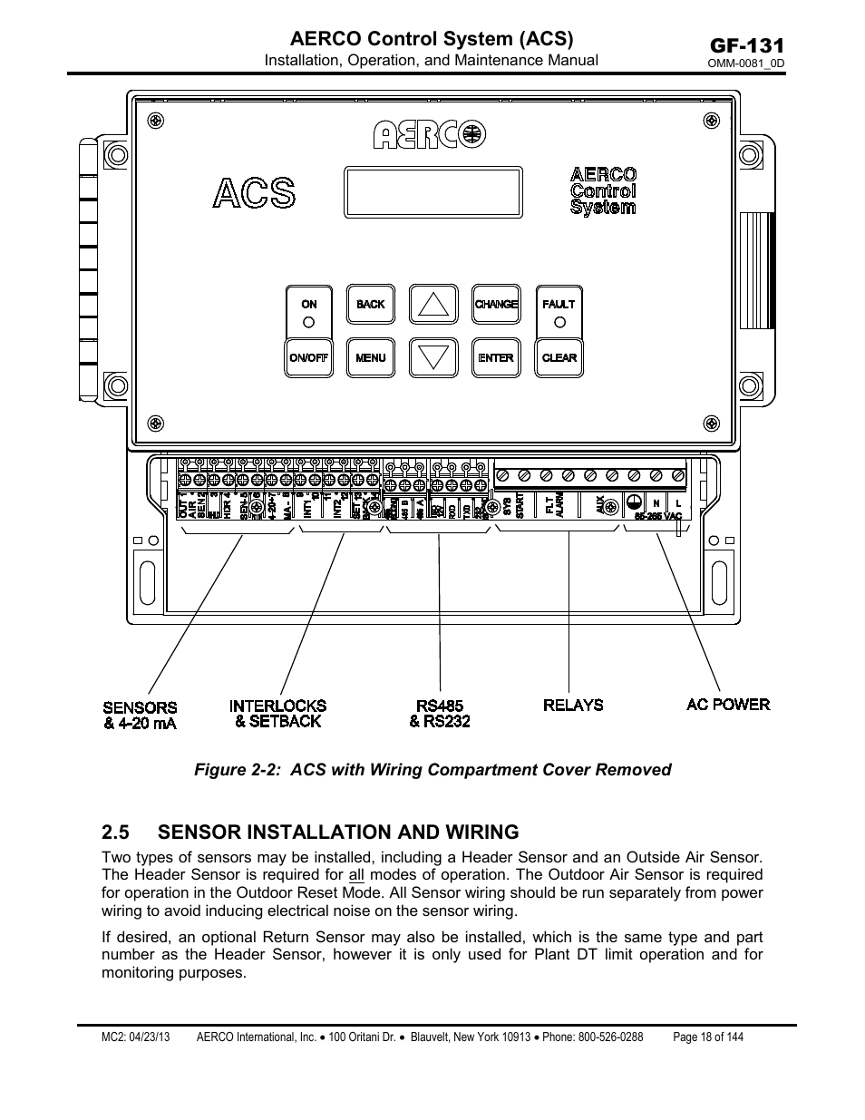 5 sensor installation and wiring, Gf-131 aerco control system (acs) | AERCO Control System (ACS) User Manual | Page 18 / 144