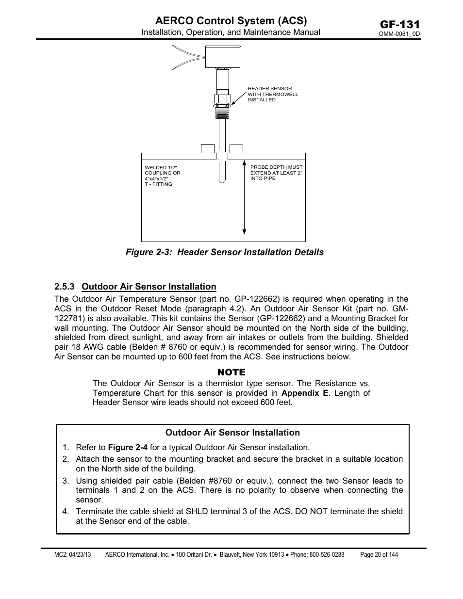 3 outdoor air sensor installation, Outdoor air sensor installation, Gf-131 aerco control system (acs) | AERCO Control System (ACS) User Manual | Page 20 / 144
