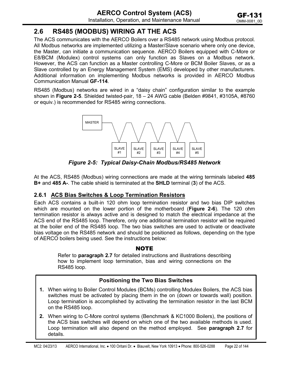 6 rs485 (modbus) wiring at the acs, 1 acs bias switches & loop termination resistors, Acs bias switches & loop termination resistors | Gf-131 aerco control system (acs) | AERCO Control System (ACS) User Manual | Page 22 / 144
