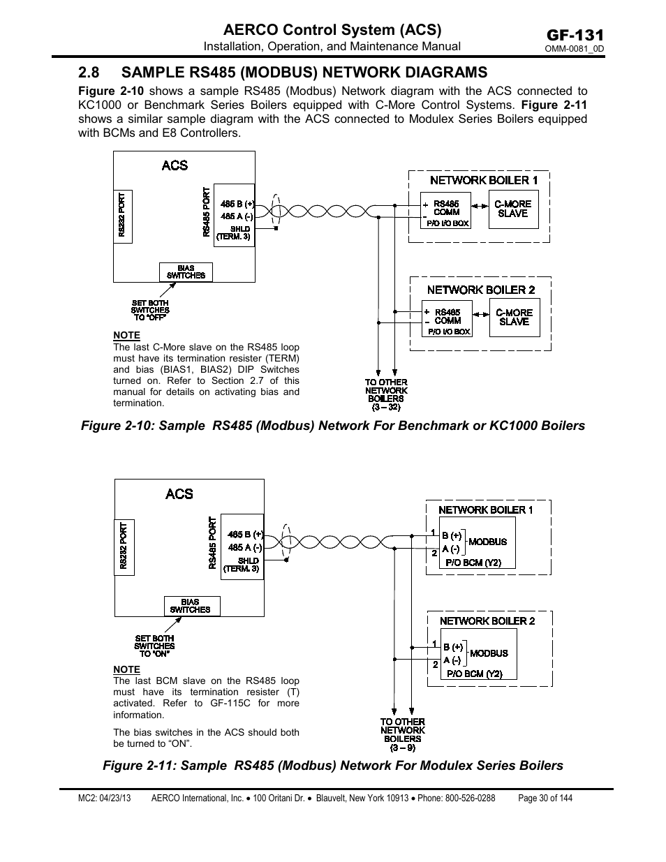 8 sample rs485 (modbus) network diagrams, Gf-131 aerco control system (acs) | AERCO Control System (ACS) User Manual | Page 30 / 144
