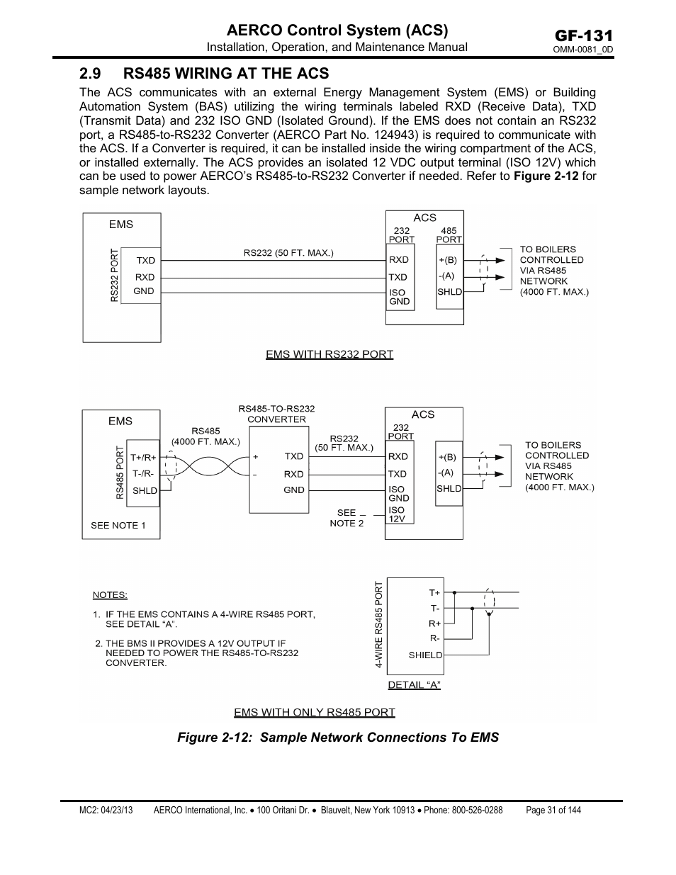 9 rs485 wiring at the acs, Gf-131 aerco control system (acs) | AERCO Control System (ACS) User Manual | Page 31 / 144