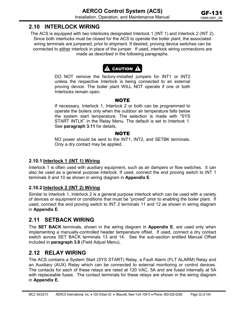 10 interlock wiring, 1 interlock 1 (int 1) wiring, 2 interlock 2 (int 2) wiring | 11 setback wiring, 12 relay wiring, Interlock 1 (int 1) wiring, Interlock 2 (int 2) wiring, Gf-131 aerco control system (acs) | AERCO Control System (ACS) User Manual | Page 32 / 144