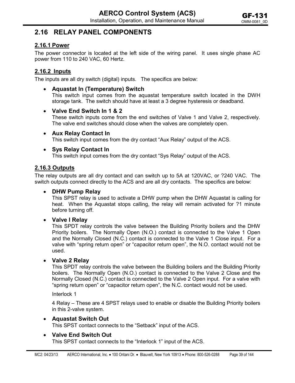 16 relay panel components, 1 power, 2 inputs | 3 outputs, Power, Inputs, Gf-131 aerco control system (acs) | AERCO Control System (ACS) User Manual | Page 39 / 144