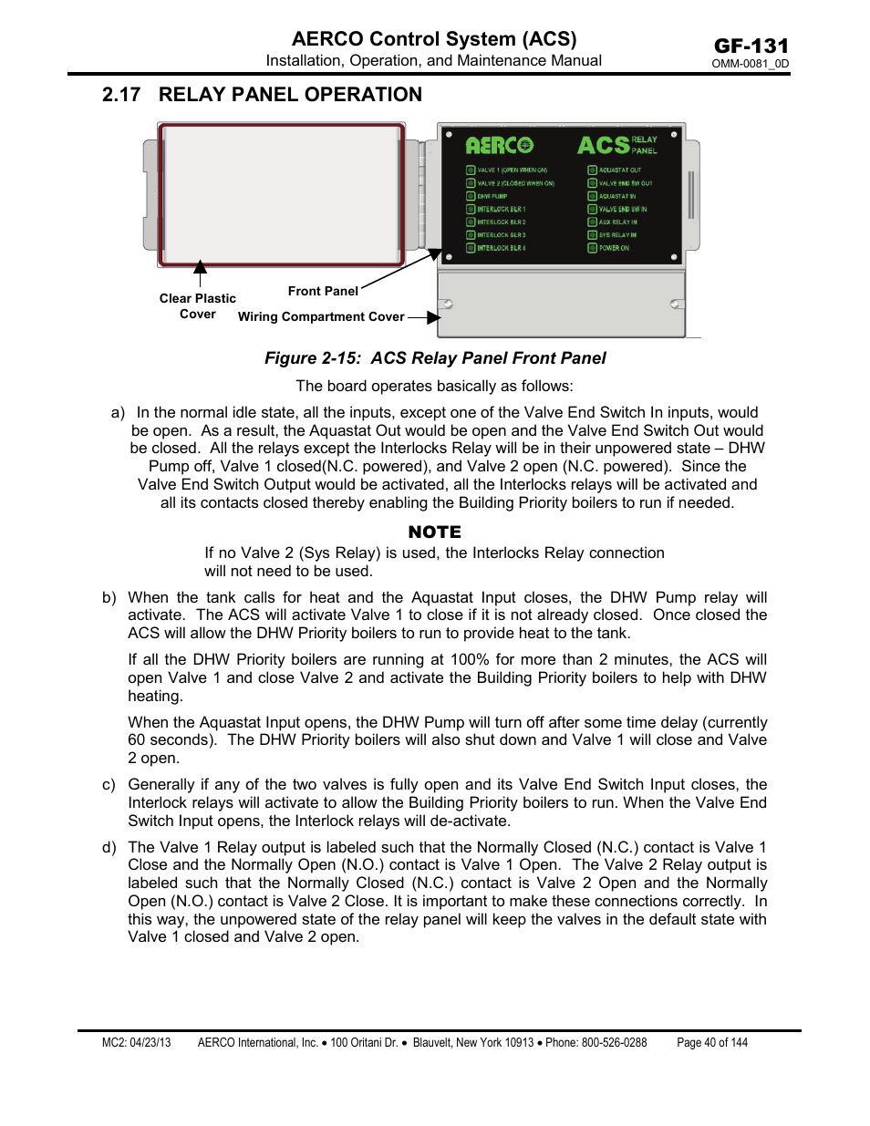 17 relay panel operation, Gf-131 aerco control system (acs) | AERCO Control System (ACS) User Manual | Page 40 / 144