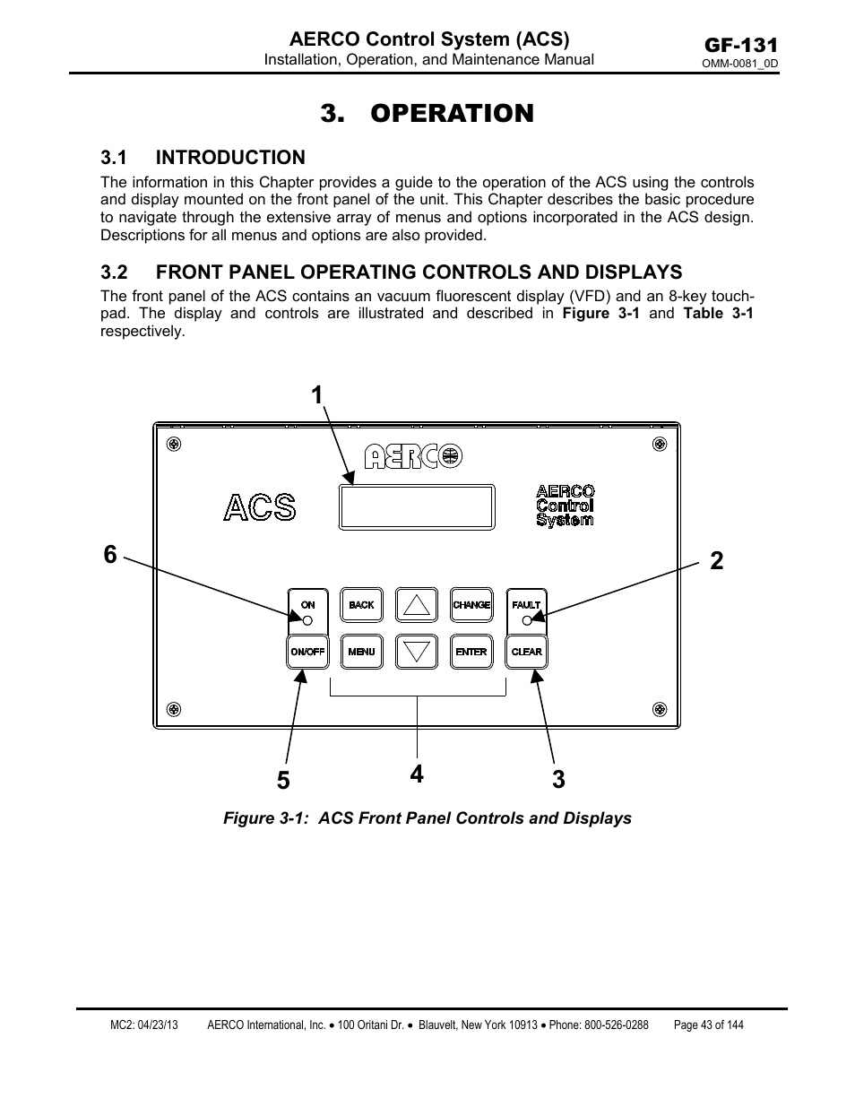 Operation, 1 introduction, 2 front panel operating controls and displays | AERCO Control System (ACS) User Manual | Page 43 / 144