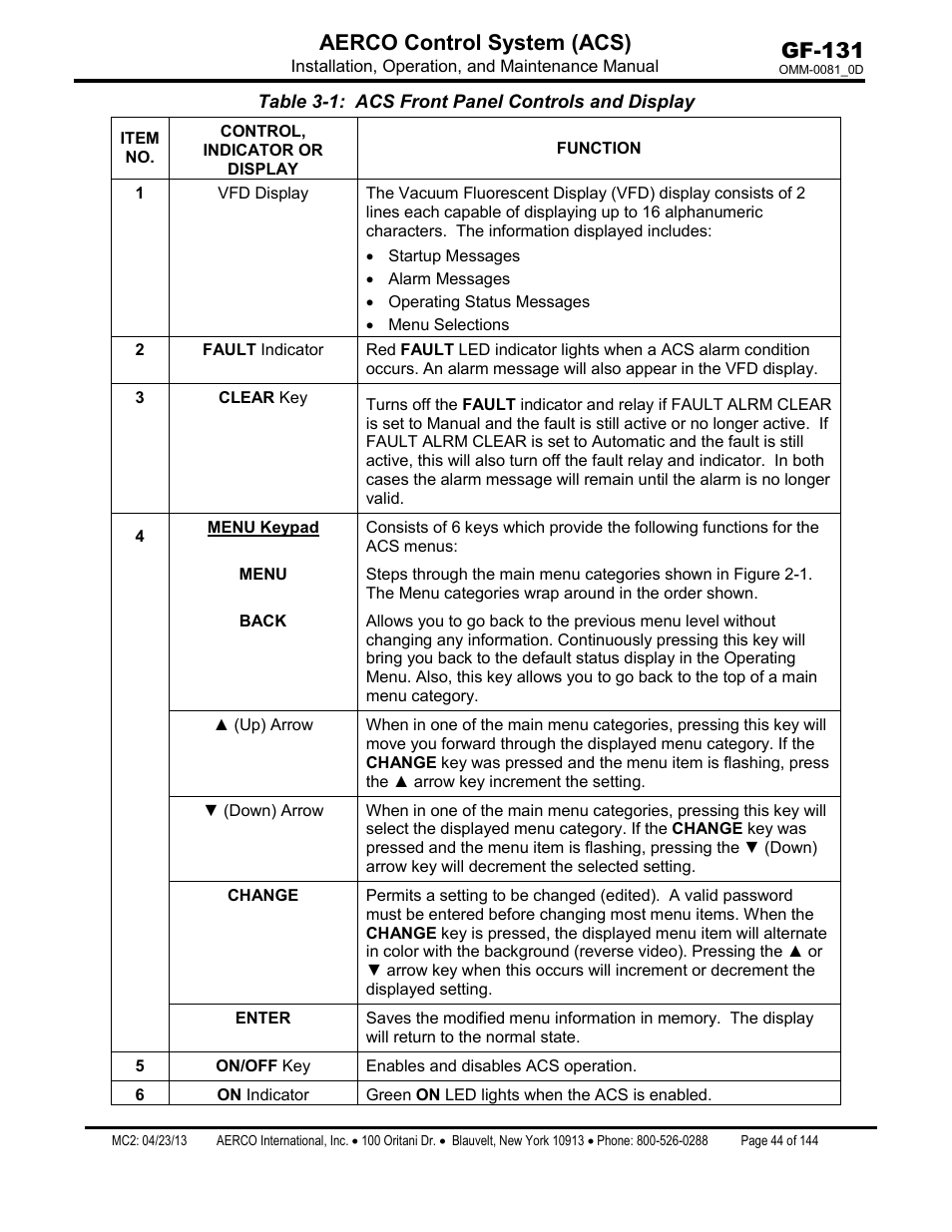 Gf-131 aerco control system (acs) | AERCO Control System (ACS) User Manual | Page 44 / 144