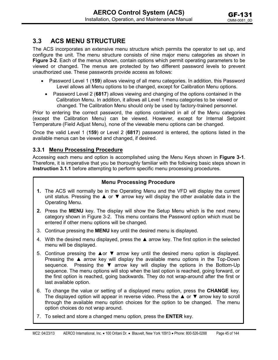 3 acs menu structure, 1 menu processing procedure, Menu processing procedure | Gf-131 aerco control system (acs) | AERCO Control System (ACS) User Manual | Page 45 / 144