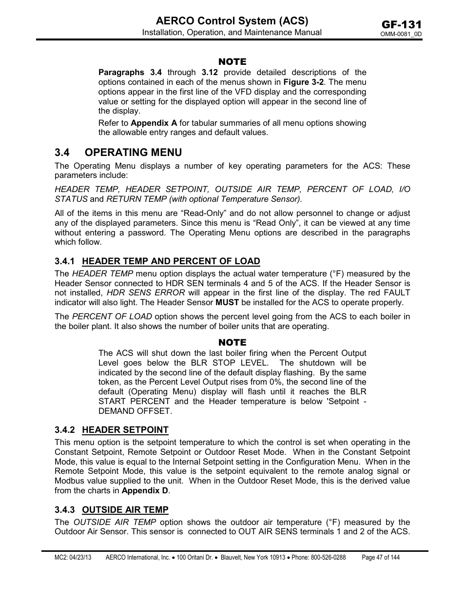 4 operating menu, 1 header temp and percent of load, 2 header setpoint | 3 outside air temp, Header temp and percent of load, Header setpoint, Outside air temp, Gf-131 aerco control system (acs) | AERCO Control System (ACS) User Manual | Page 47 / 144