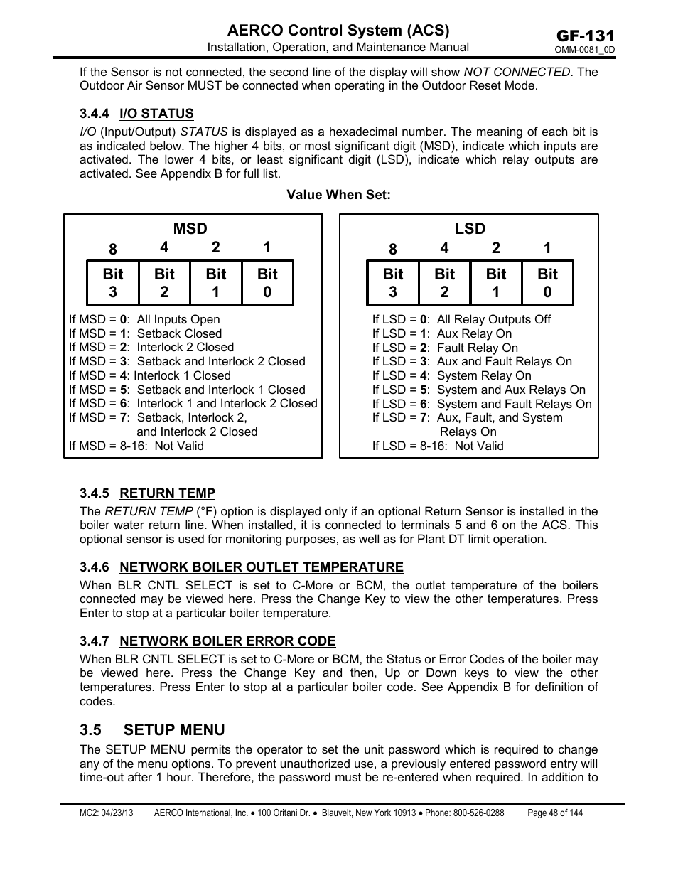4 i/o status, 5 return temp, 6 network boiler outlet temperature | 7 network boiler error code, 5 setup menu, I/o status, Return temp, Network boiler outlet temperature, Network boiler error code | AERCO Control System (ACS) User Manual | Page 48 / 144