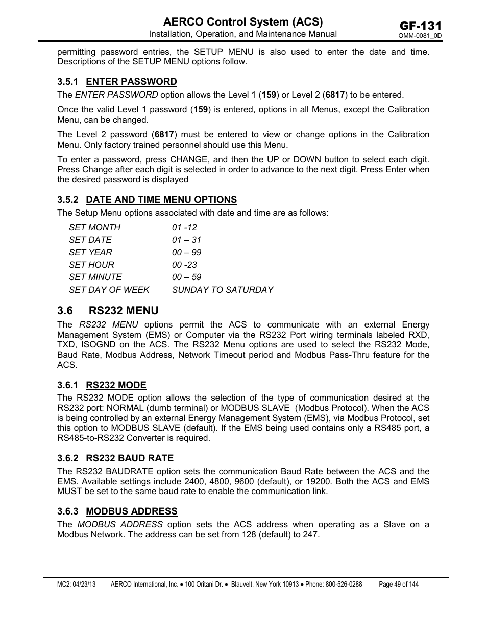 1 enter password, 2 date and time menu options, 6 rs232 menu | 1 rs232 mode, 2 rs232 baud rate, 3 modbus address, Enter password, Date and time menu options, Rs232 mode, Rs232 baud rate | AERCO Control System (ACS) User Manual | Page 49 / 144